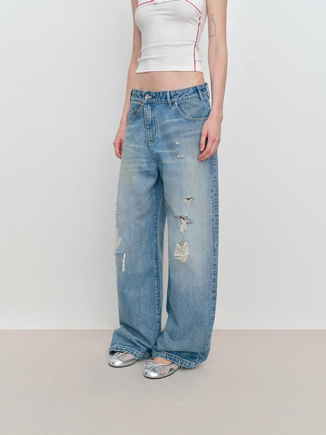 RUN TO THE FUTURE Durable Distressed Low Rise Loose Fit Casual Light Blue Denim Wide-Leg Jeans