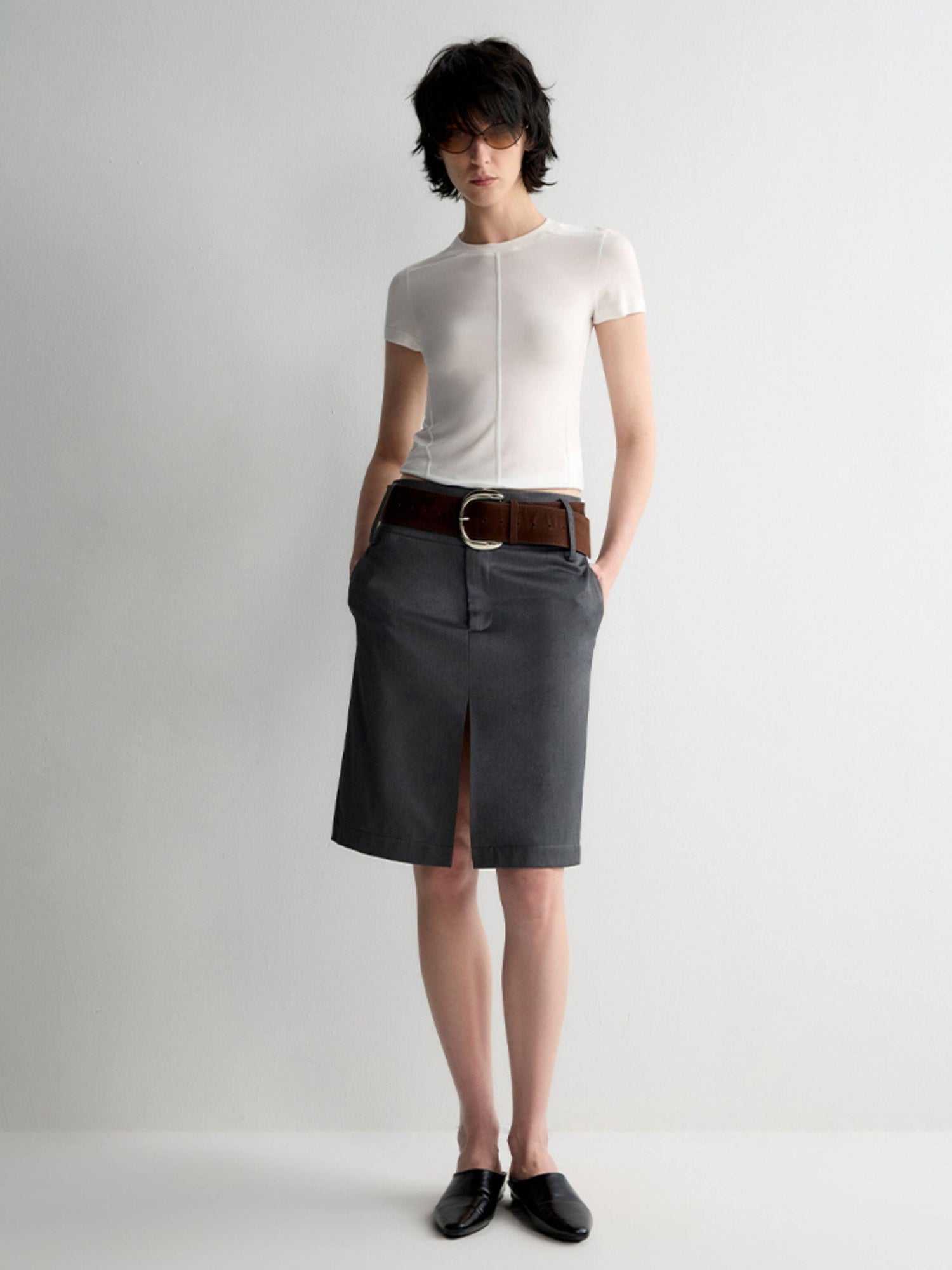 RUN TO THE FUTURE Lined Wool Blend Low Waist Pockets Vintage Office H Silhouette Midi Skirts