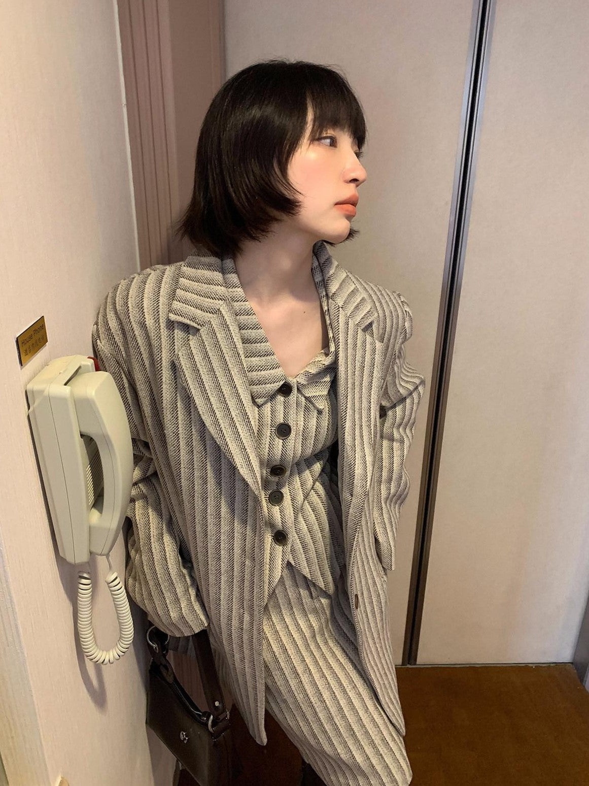 Dorydory Gray White Striped Double Breasted Structured Women&