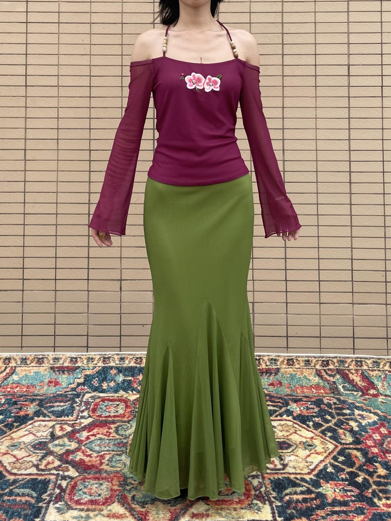 Wet Tail Elastic Mid Waist Chinese Inspired Mermaid Hem Casual Women Maxi Skirts
