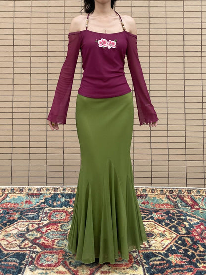 Wet Tail Elastic Mid Waist Chinese Inspired Mermaid Hem Casual Women Maxi Skirts