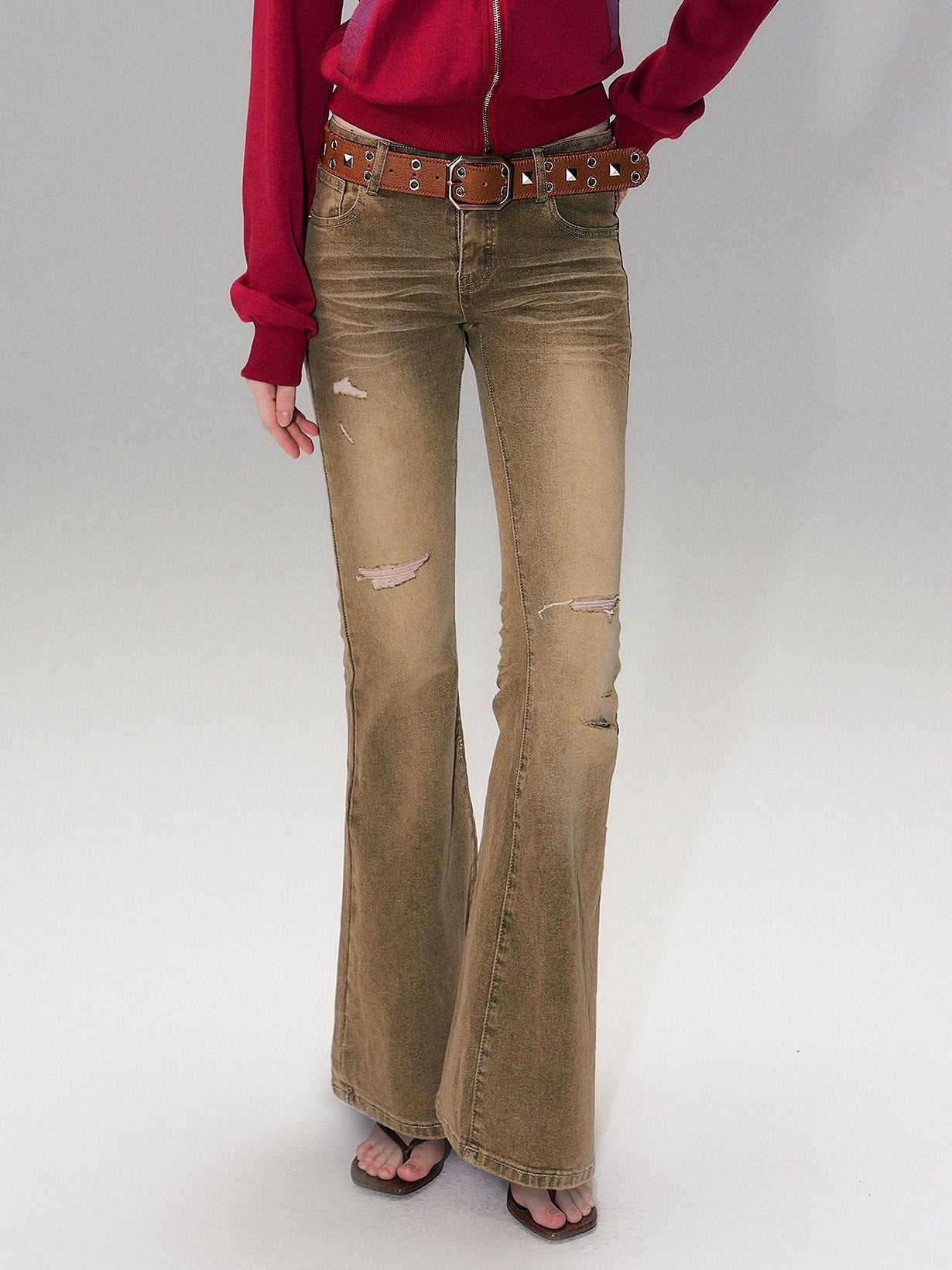 The NeverMore Brown Washed Low Rise Ripped Sexy Slim Fit Cotton Slight Stretch Womens Jeans