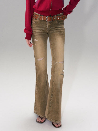 The NeverMore Brown Washed Low Rise Ripped Sexy Slim Fit Cotton Slight Stretch Womens Jeans