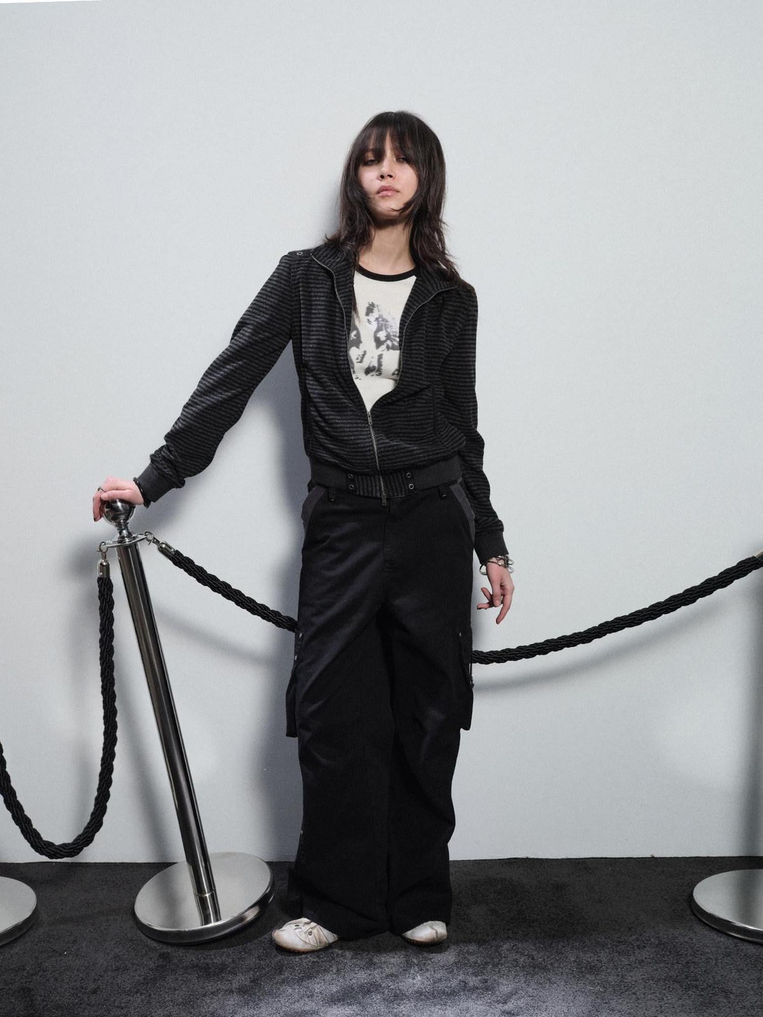 wear And tear Black Gray Striped Eyelet Tape Splice Punk Women&