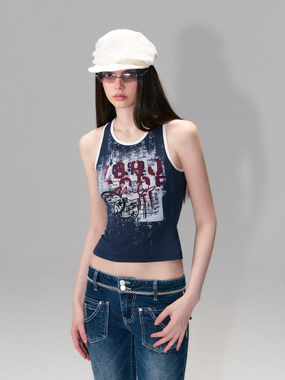 The NeverMore Soft Stretch Cotton Slim Fit Round Neck Printed Cropped Women Navy Camisoles