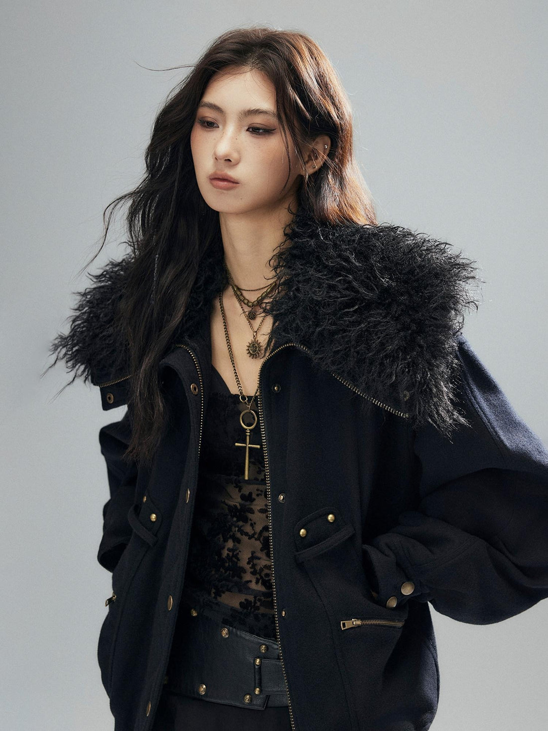 Low pixel Thick Wool Blend Multi Pocket Loose Fit Sexy Girl Black Zipper Cropped Jackets