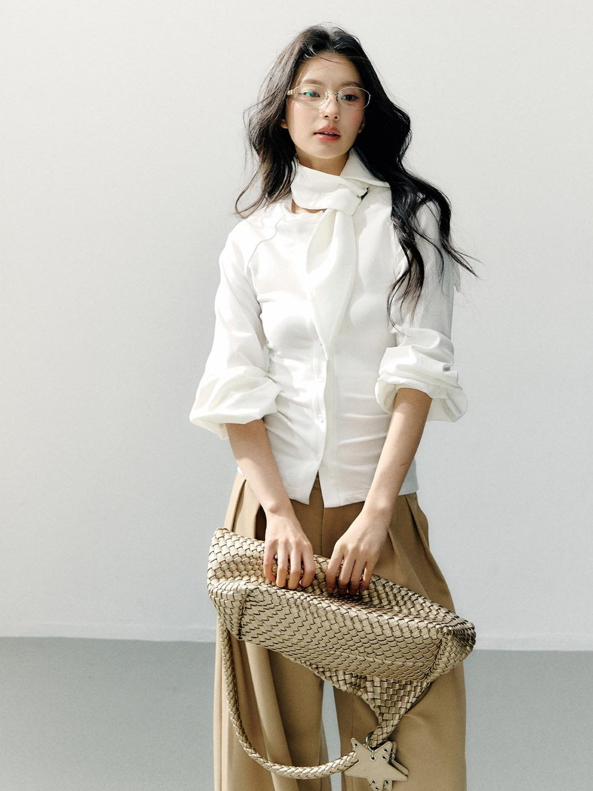7Shiftin Cotton Bow Tie Fitted Waist Casual Cropped Long Sleeve Women White Blouses