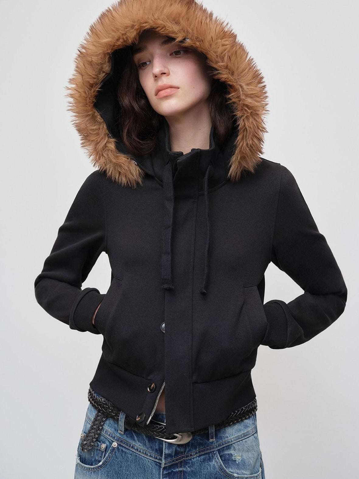 RUN TO THE FUTURE Slim Fit Hooded Button Front Cropped Commuter Women Casual Black White Hoodies
