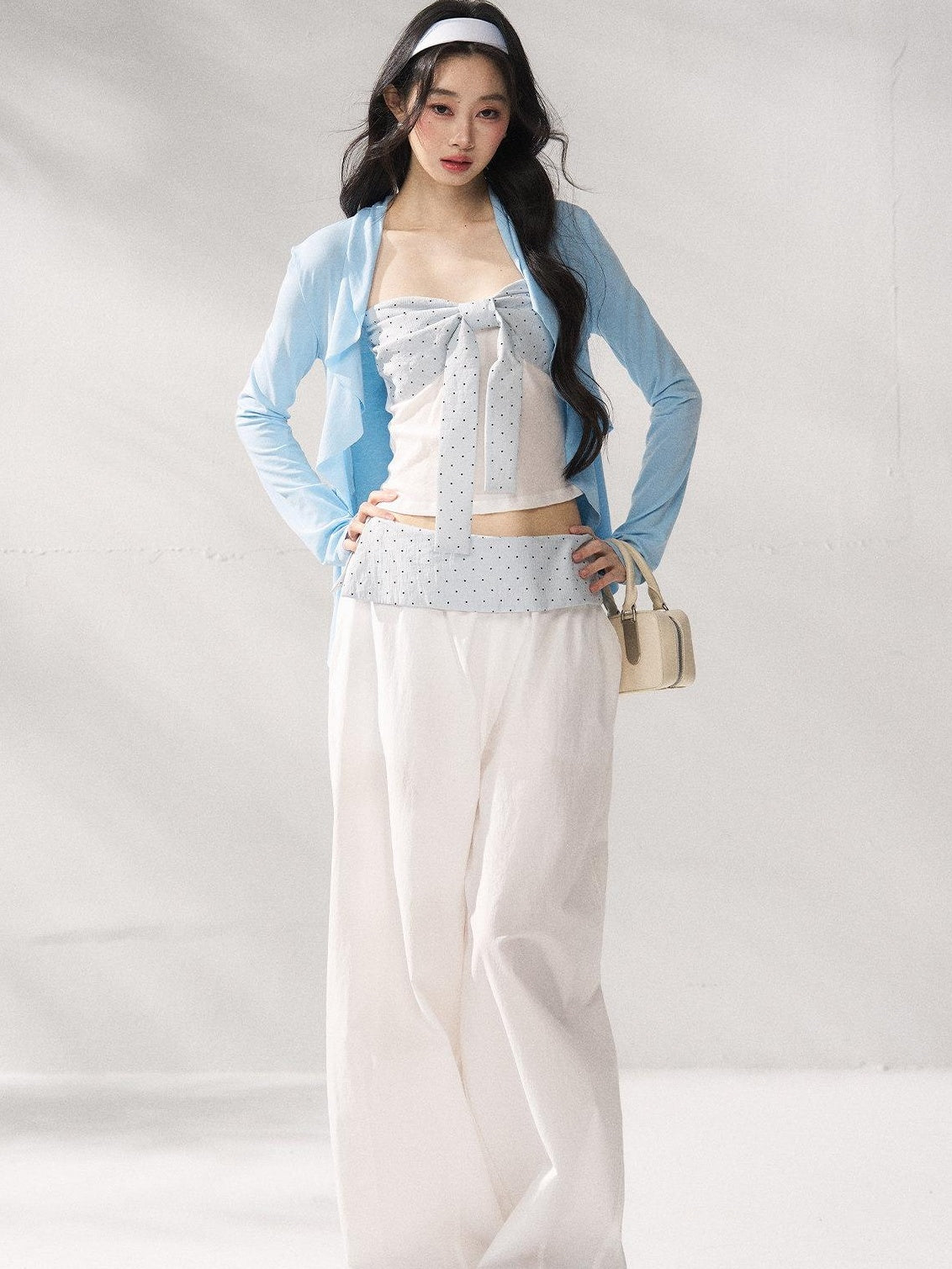 7Shiftin Polka Dot Bow Cropped Three Piece High Waist Sleeveless Women Top &amp; Pants Sets