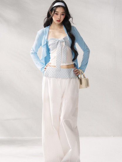 7Shiftin Polka Dot Bow Cropped Three Piece High Waist Sleeveless Women Top &amp; Pants Sets