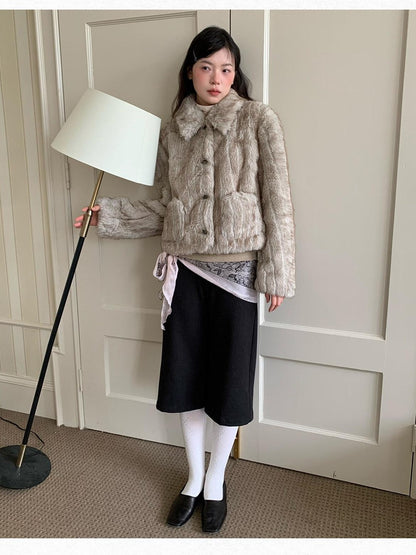Dorydory Striped Turn Down Collar Eco Fur Textured Women&