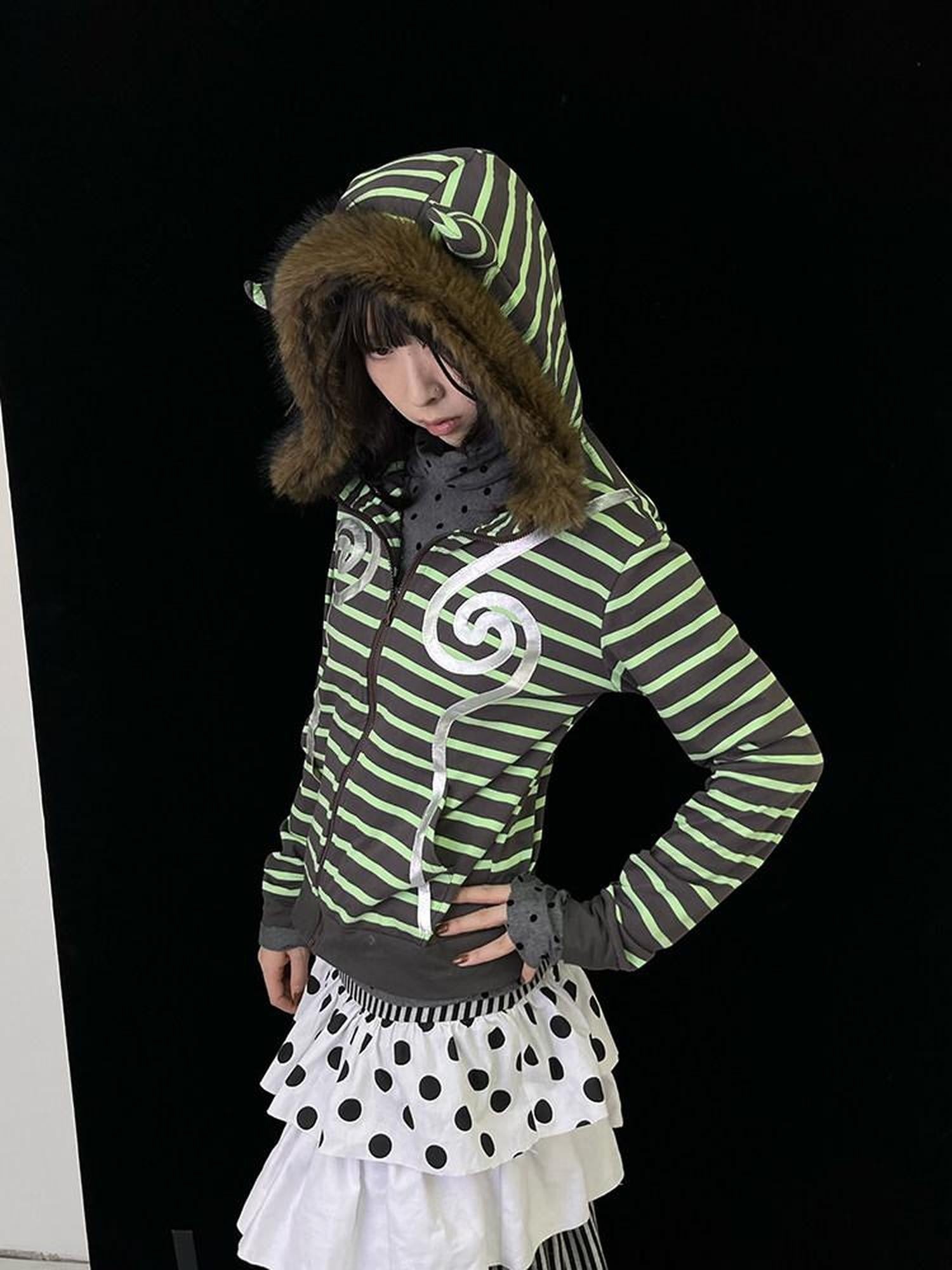 Ttsunami Silver Swirl Striped Fur Collar Zipper Slim Women&