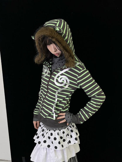 Ttsunami Silver Swirl Striped Fur Collar Zipper Slim Women&