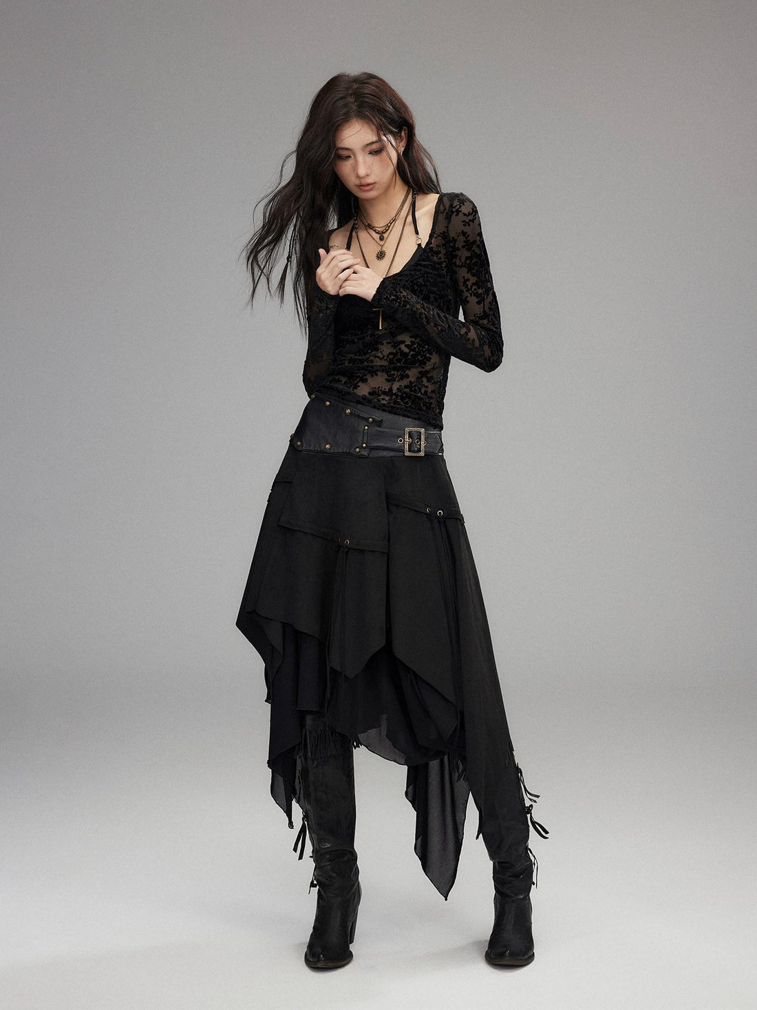 Low pixel Sexy Low Waist Asymmetrical A Line Zipper Black Woven Polyester Midi Skirts