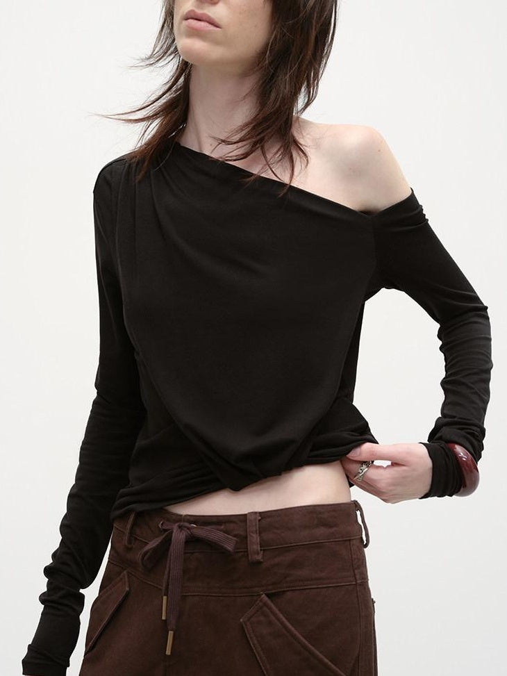 RUN TO THE FUTURE Moisture Wicking Lyocell Slim Asymmetric Neck Ruched Long Sleeve T-Shirts