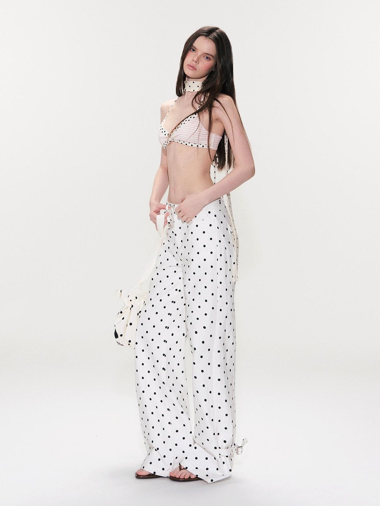 The NeverMore White Polka Dot V Waist Loose Fit Button Fly Women Denim Straight Leg Jeans