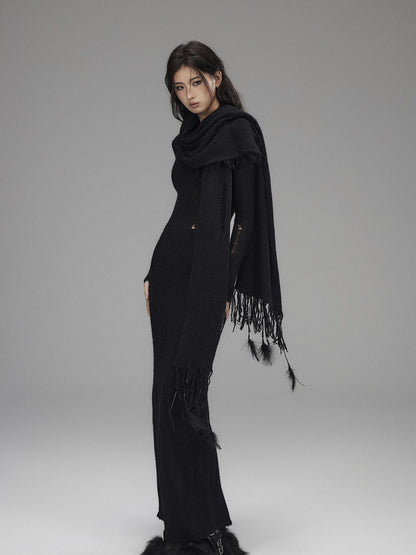 Low pixel Waist Defining Wool Knit Tassel Casual Long Sleeve Round Neck Black Maxi Dresses