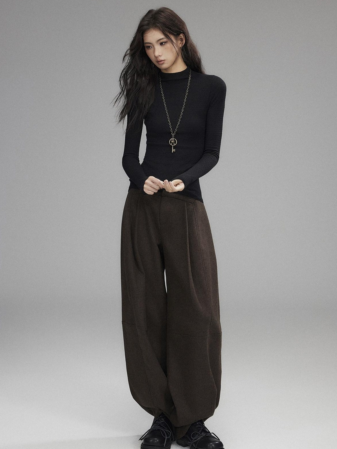 Low pixel Low Rise Wool Blend Micro Stretch Casual Zip Fly Women Black Wide Leg Pants