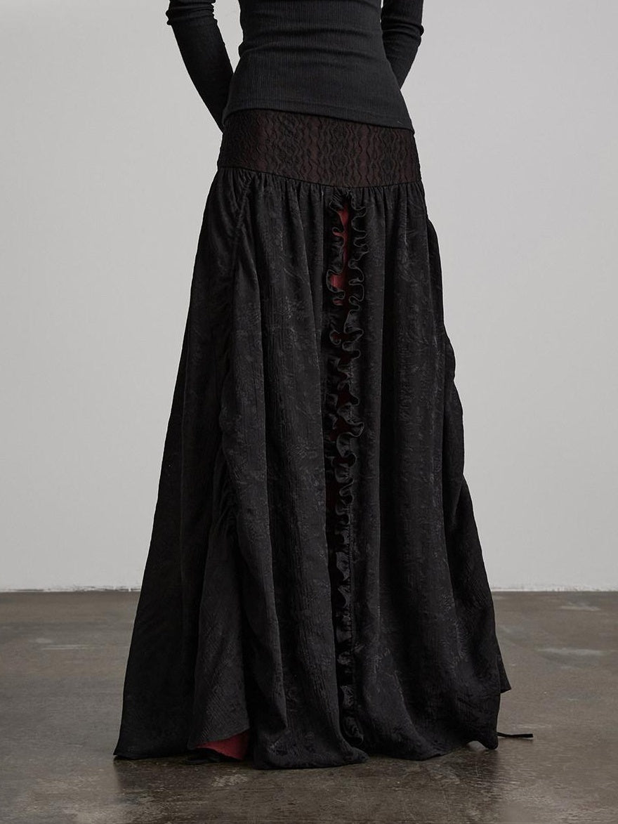 INDULGE Soft Comfy Rayon Ruffle Hem Gothic A Line Side Zipper Black Tiered Skirts