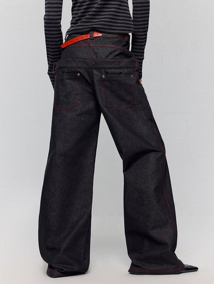 RUN TO THE FUTURE Low Rise Colorblock Loose Fit Zip Fly Black Denim Stretch Wide-Leg Jeans