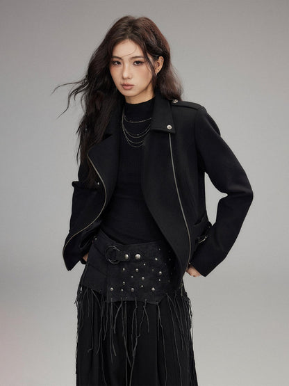 Low pixel Wool Blend Thick Slim Fit Street Euro Zip Front Black Cropped Jackets