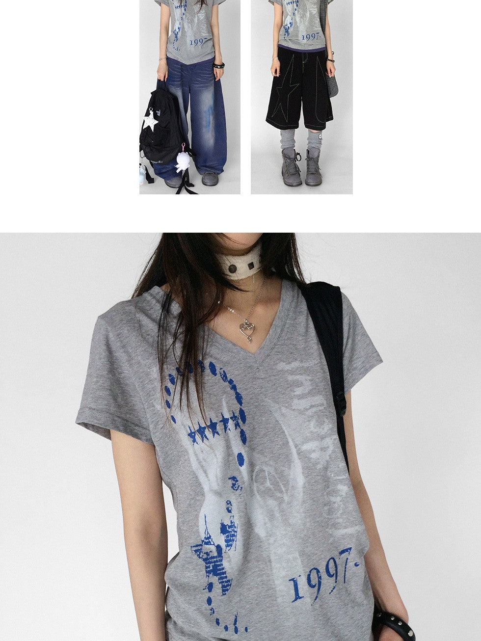 innomoood Heather Distressed Print Colorblock V-neck Women&