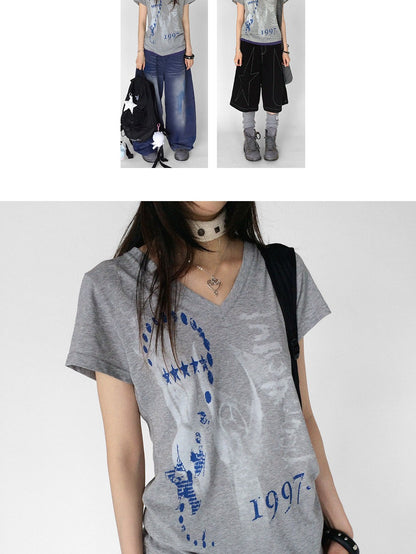 innomoood Heather Distressed Print Colorblock V-neck Women&