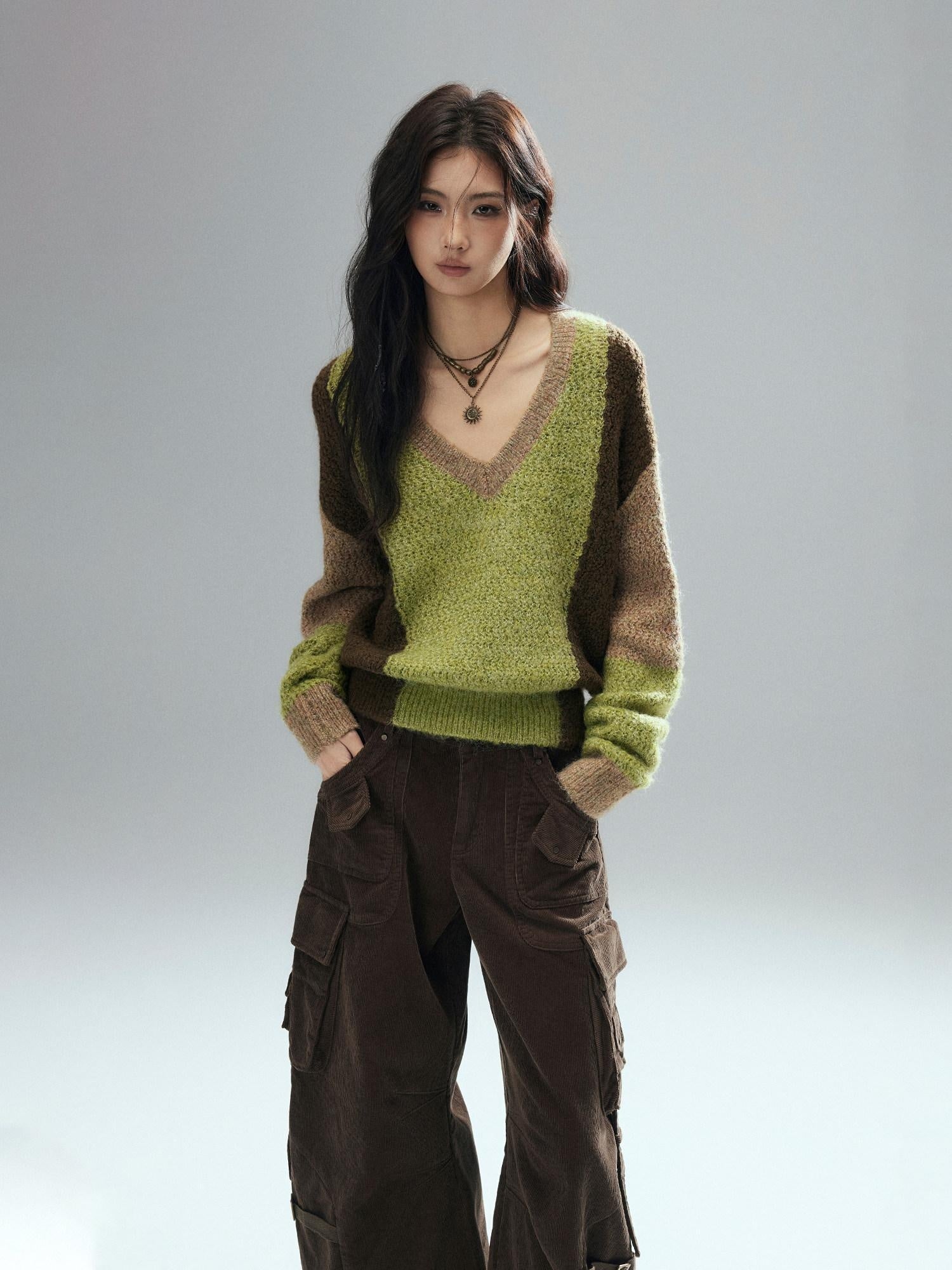 Low pixel Thick Sheep Wool Patchwork Streetwear Loose Fit V-neck Pullover Youth Sweaters