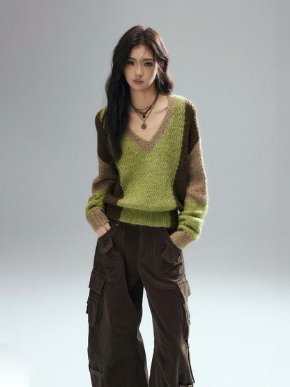Low pixel Thick Sheep Wool Patchwork Streetwear Loose Fit V-neck Pullover Youth Sweaters