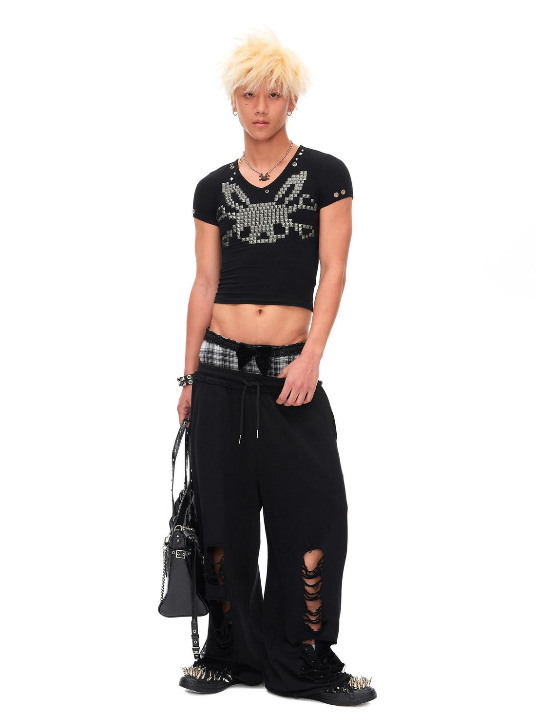 CFIERCE Velvet Bow Asymmetrical Distressed Faux Two Piece Women&