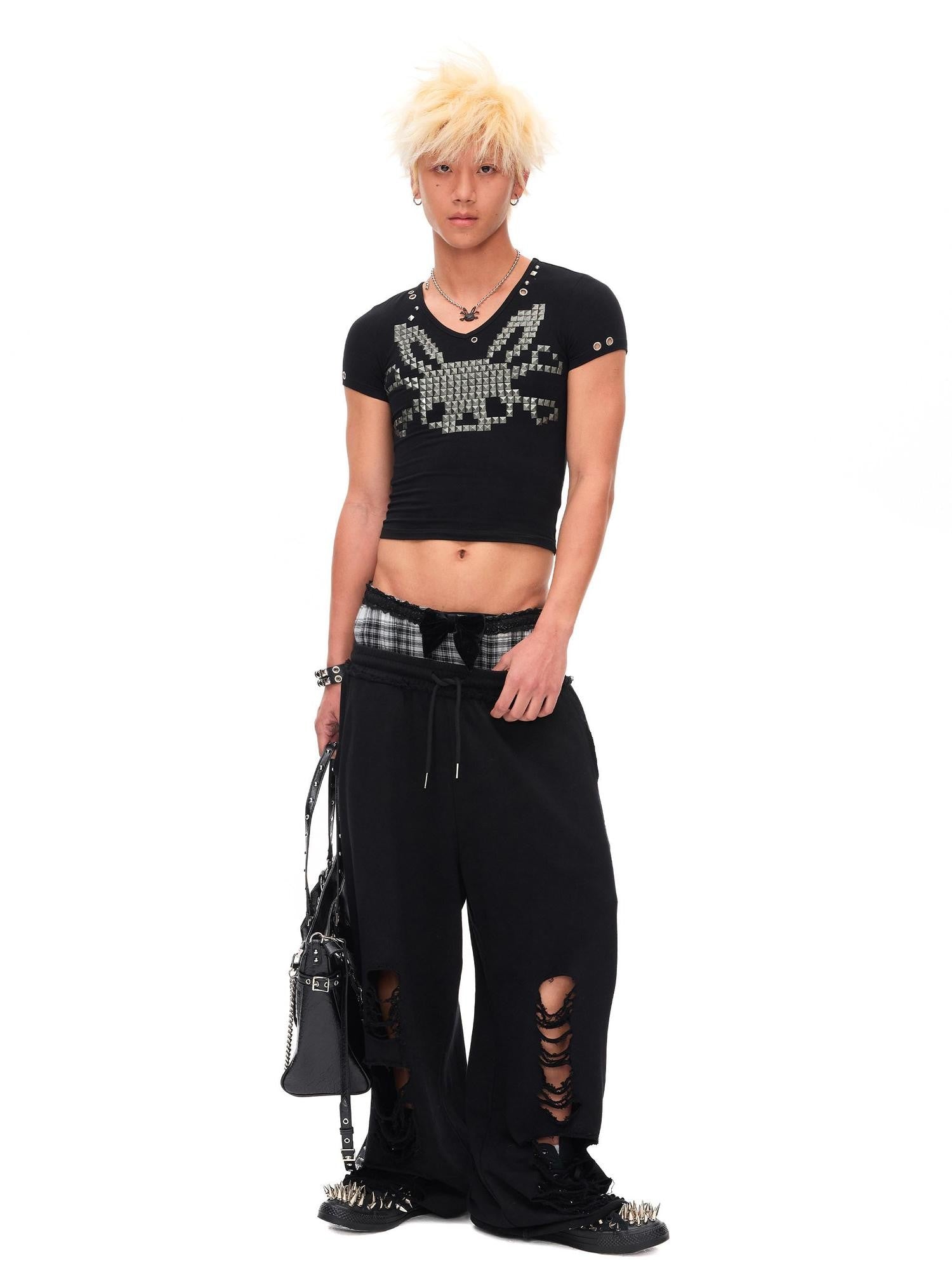 CFIERCE Velvet Bow Asymmetrical Distressed Faux Two Piece Women&