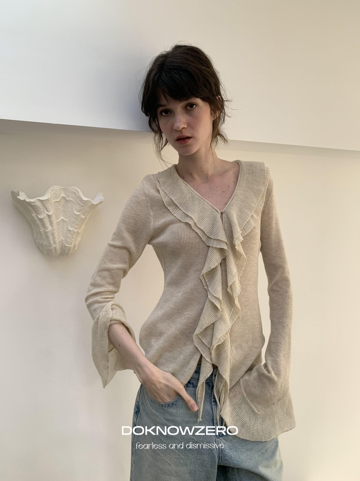 DKZ OFFICIAL Irregular Ruffle Tie V-neck Sheer Knitted Women&