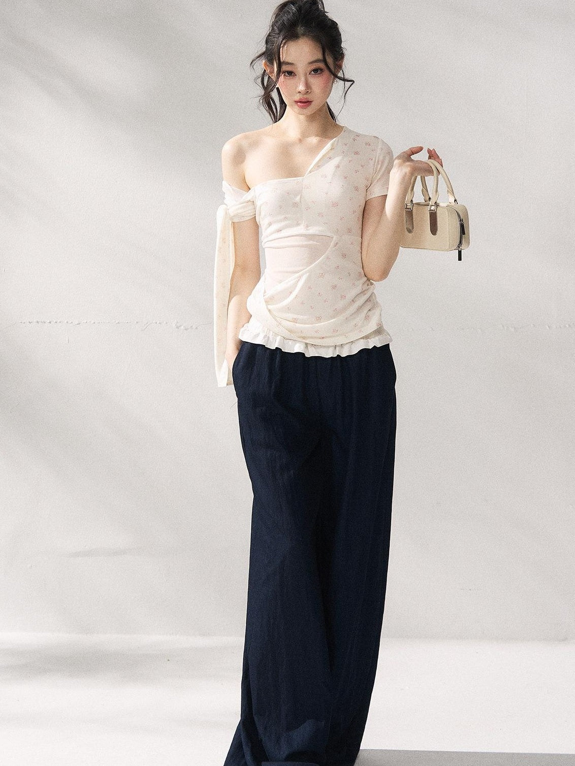 7Shiftin Floral Tie Slim Fit Casual Asymmetrical Neck Short Sleeve Women Basic Crop Tops