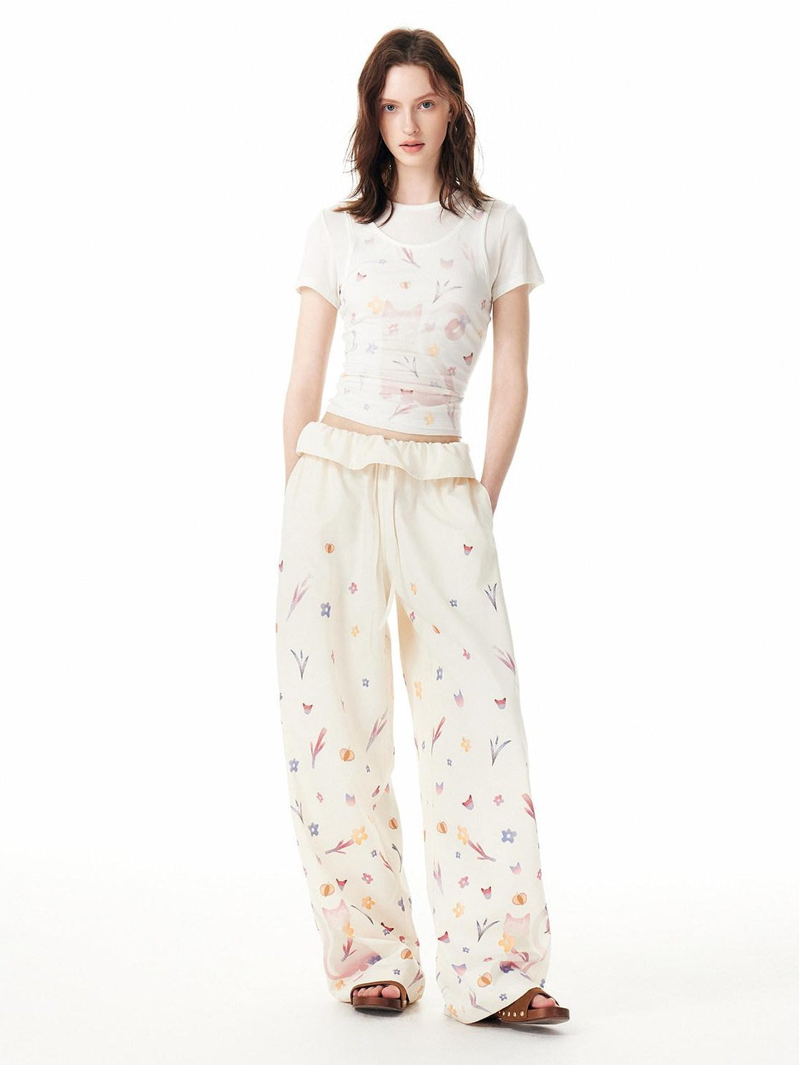 OuttheBlue Cute Cat Floral Print Sweet Natural Waist Long Polyester Women Straight Pants