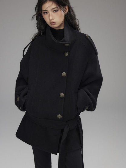 Low pixel Warm Oversized Street Midlength Notch Lapel Wool Cashmere Black Wool Coats