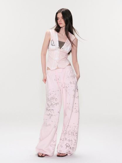 The NeverMore Soft Cotton Letter Print Natural Waist American Style Women Wide Leg Pants