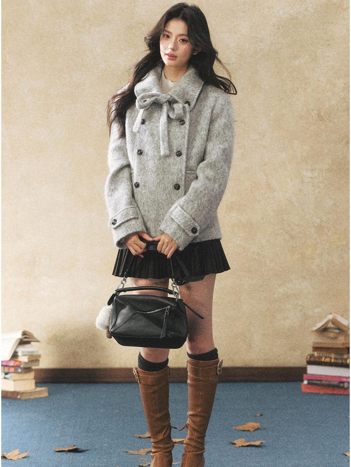 7Shiftin Warm Casual Fitted Waist Bow Detail Double Breasted Cropped Women Knit Sweaters