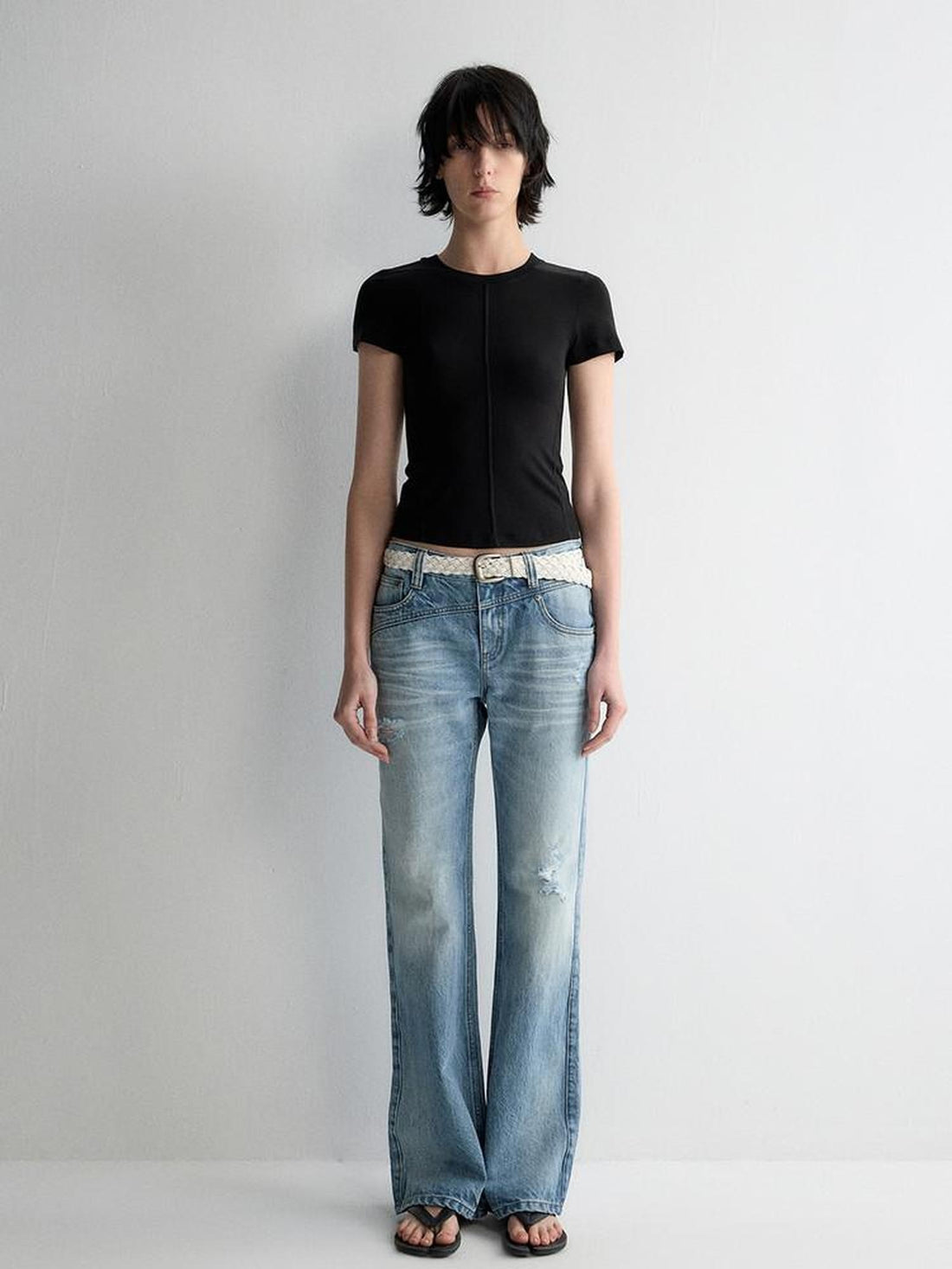 RUN TO THE FUTURE Ripped Low Rise Wide Leg Casual Loose Fit Vintage Ice Blue Denim Straight Jeans