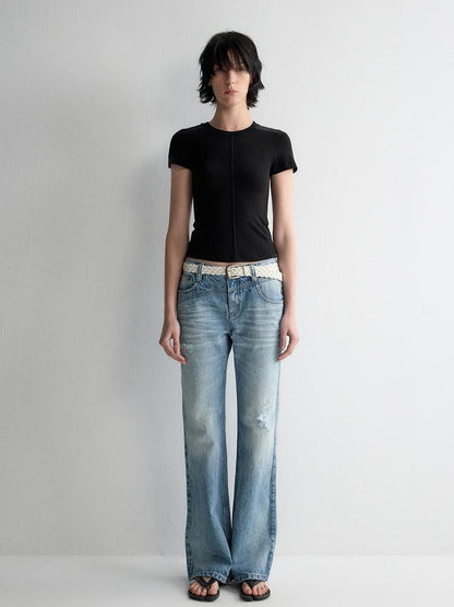 RUN TO THE FUTURE Ripped Low Rise Wide Leg Casual Loose Fit Vintage Ice Blue Denim Straight Jeans