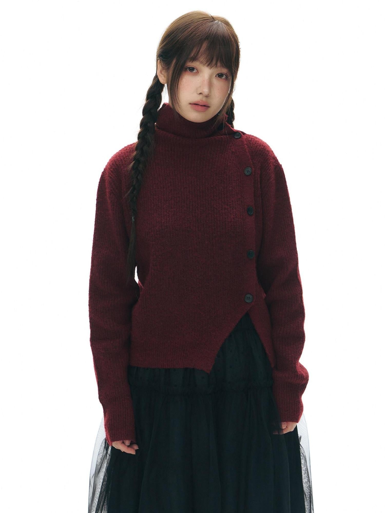 NAPSNAPS Rust Red Asymmetrical Placket Knit Mock Neck Women&