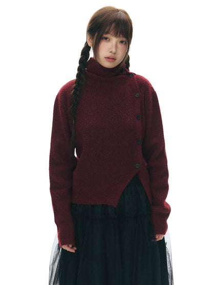 NAPSNAPS Rust Red Asymmetrical Placket Knit Mock Neck Women&