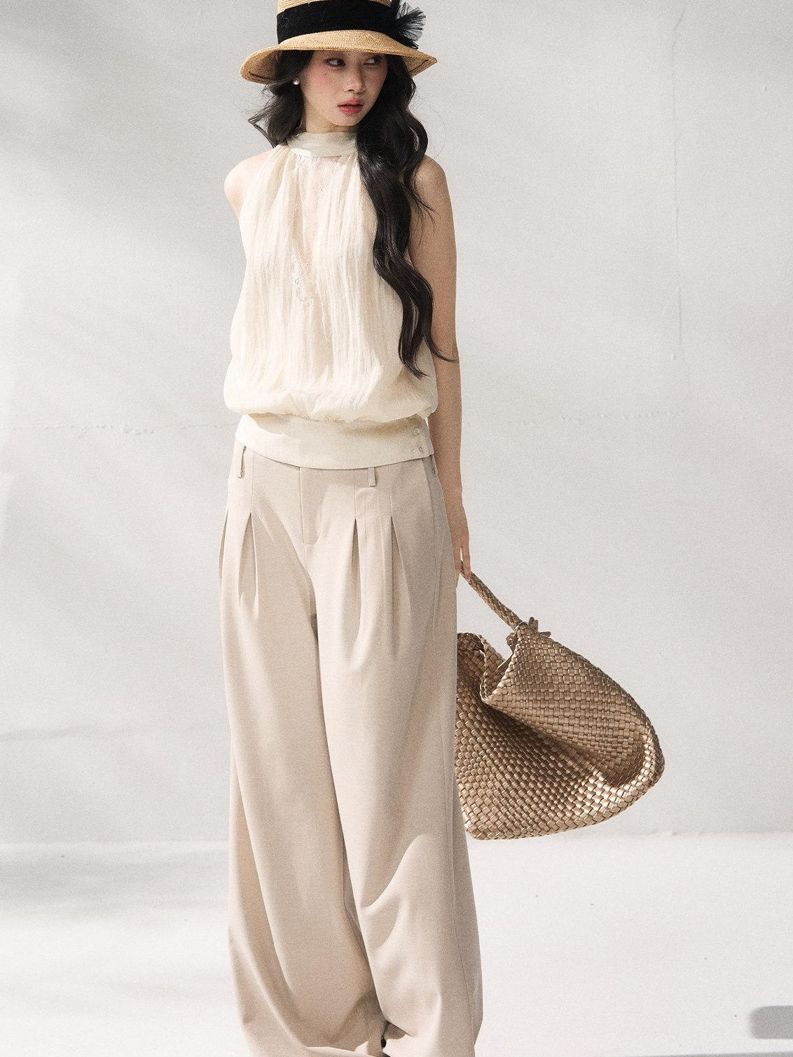 7Shiftin Soft Lyocell Loose Halter High Neck Short Beige Womens Off Shoulder Crop Tops