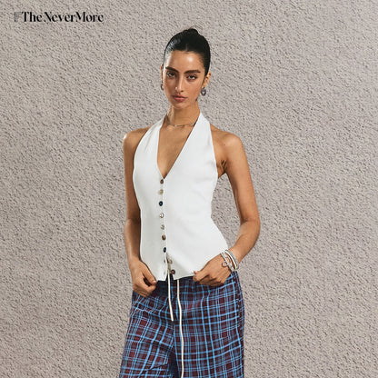 The NeverMore Silky Rayon Backless Halter V-neck Slim Cropped Sexy Women Tank Tops &amp; Camis