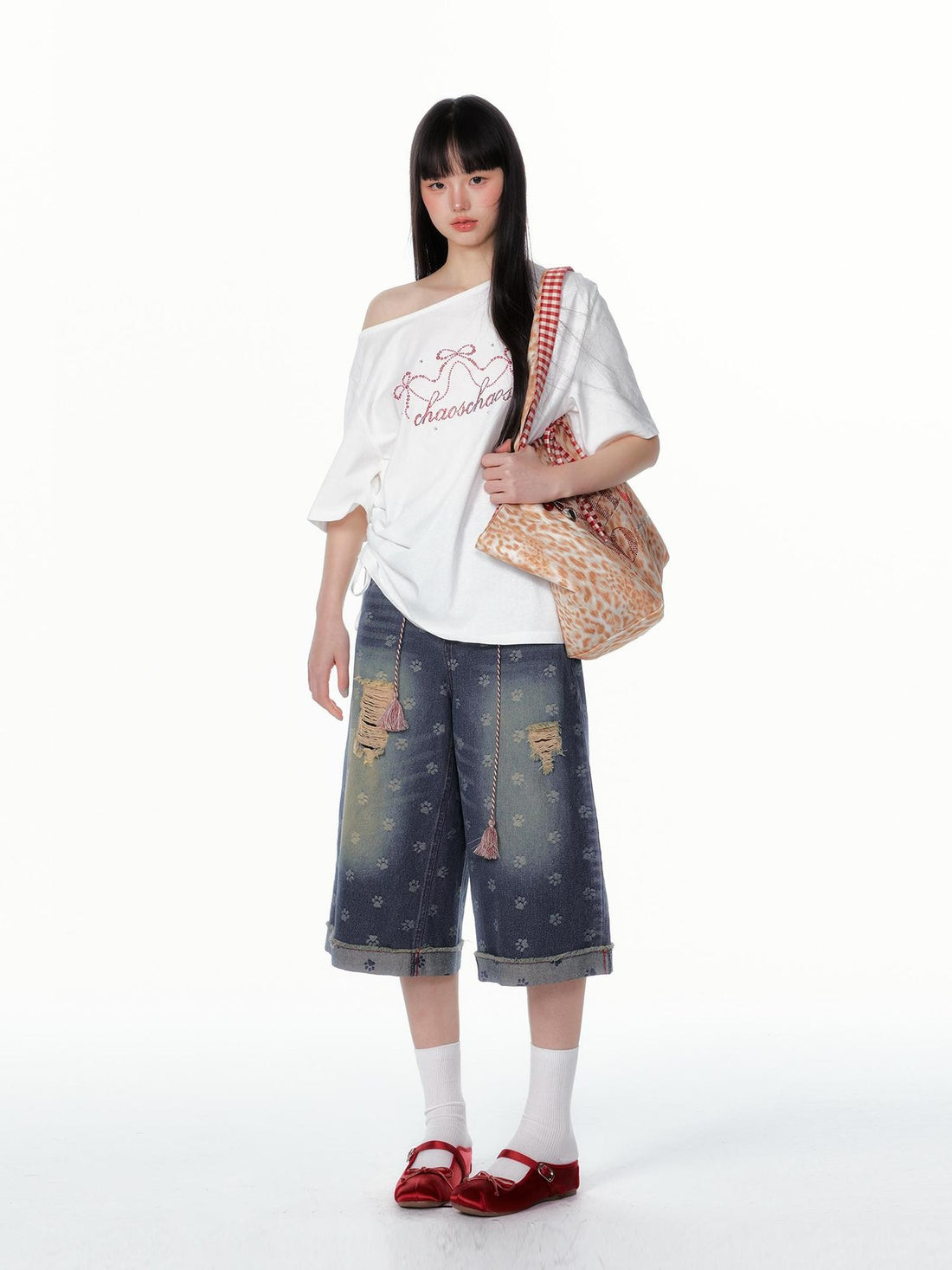 chaoschaos Cat Paw Print Washed Distressed Women&
