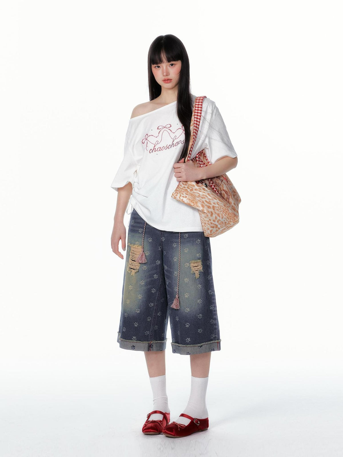 chaoschaos Cat Paw Print Washed Distressed Women&