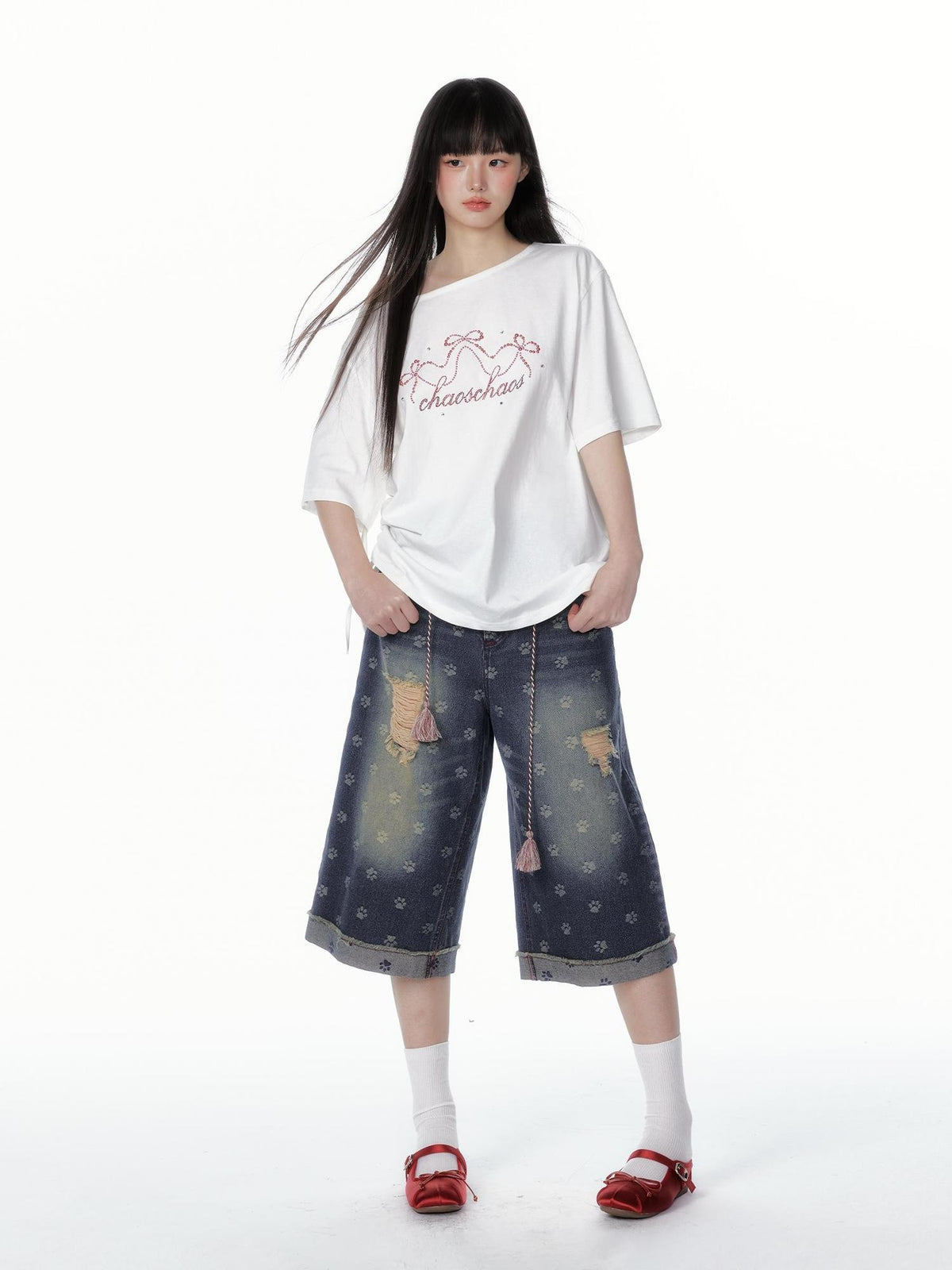 chaoschaos Cat Paw Print Washed Distressed Women&