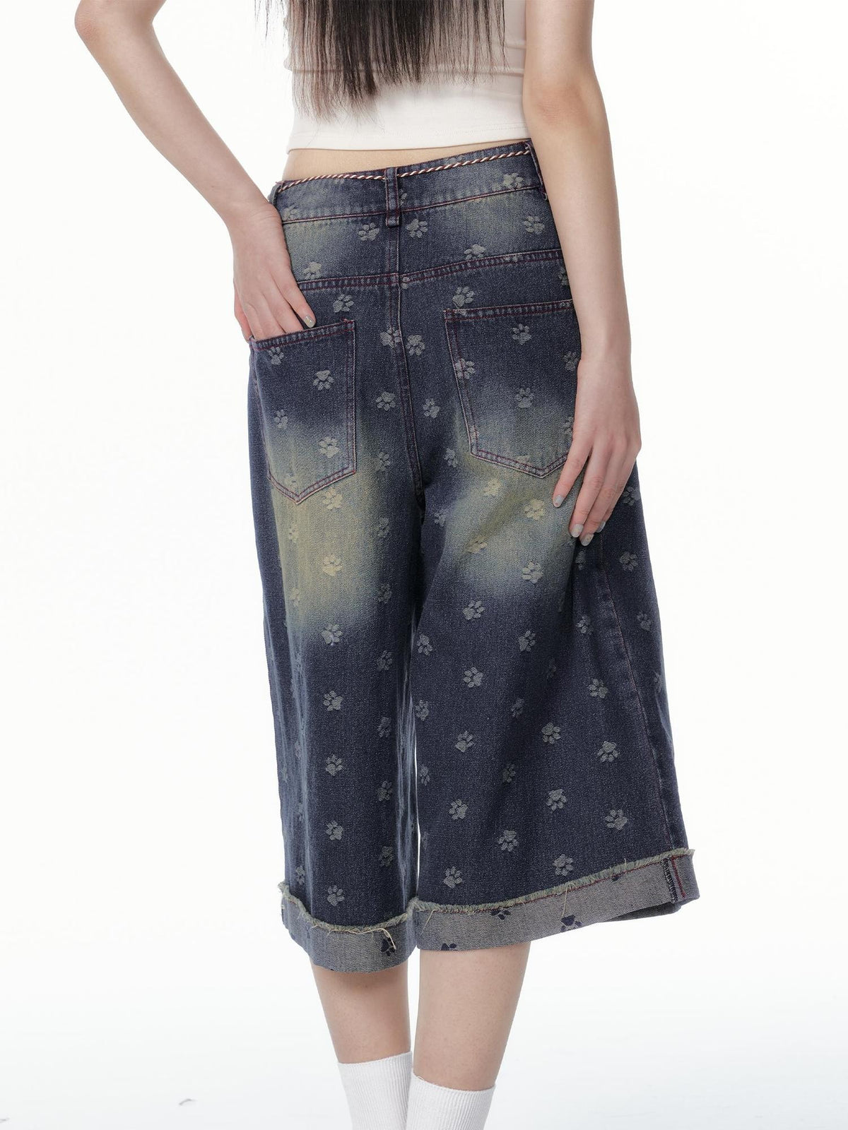 chaoschaos Cat Paw Print Washed Distressed Women&