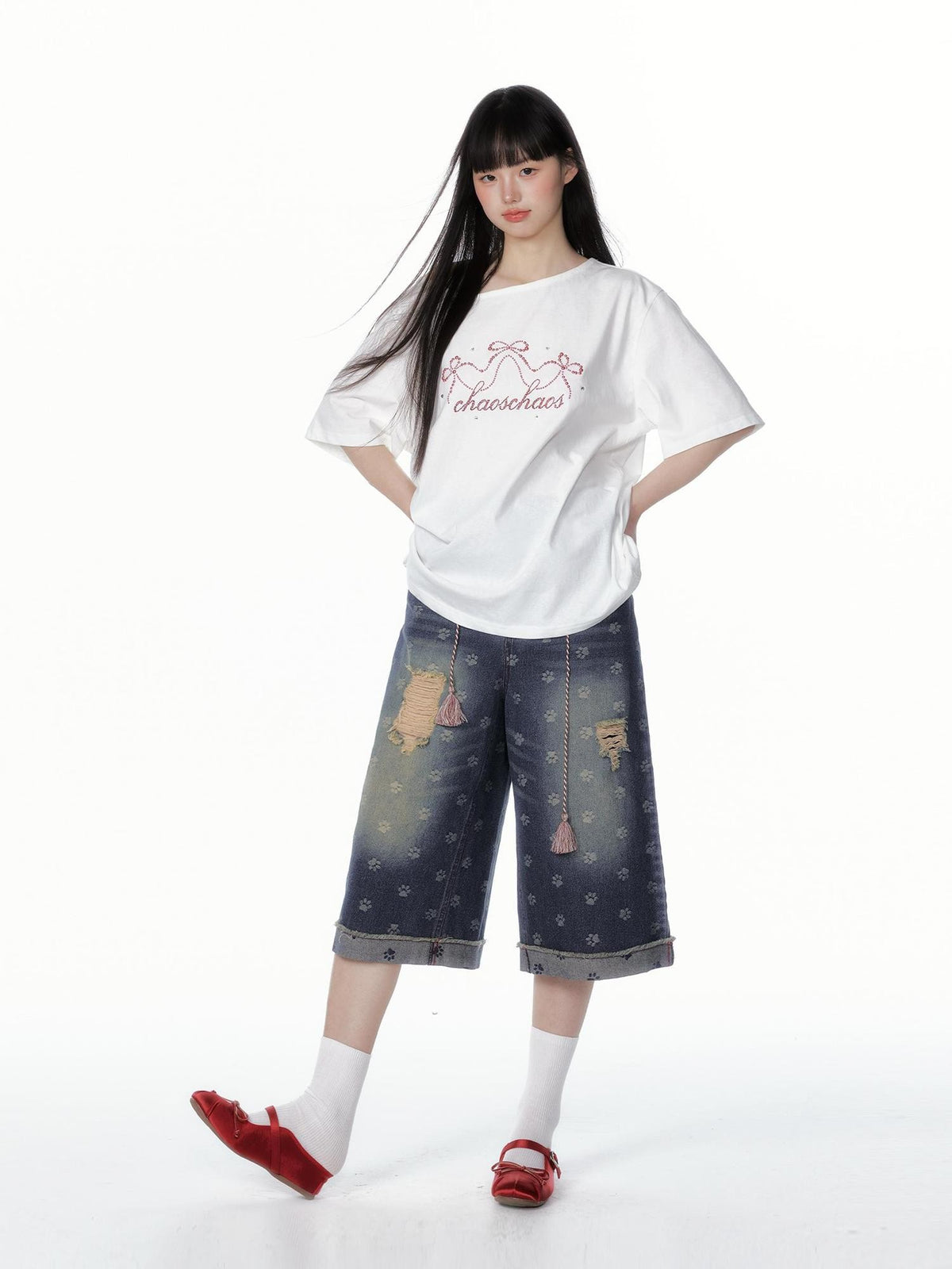 chaoschaos Cat Paw Print Washed Distressed Women&