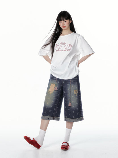 chaoschaos Cat Paw Print Washed Distressed Women&