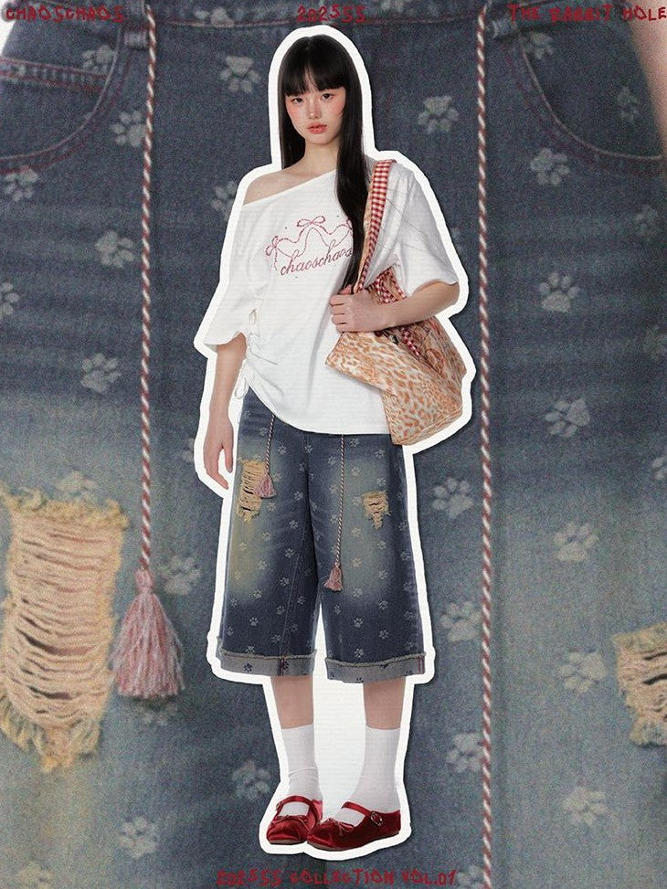 chaoschaos Cat Paw Print Washed Distressed Women&